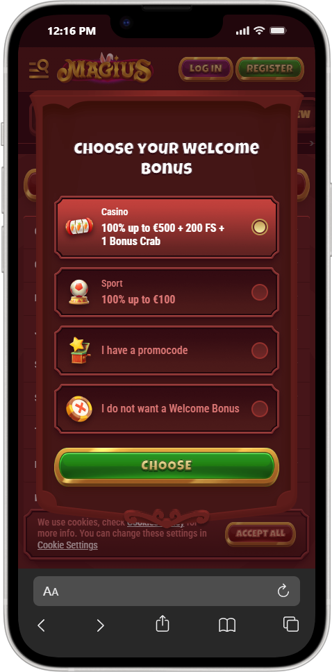 Écran de sélection des bonus sur mobile de Magius Casino, affichant les offres de bienvenue et les promotions disponibles.