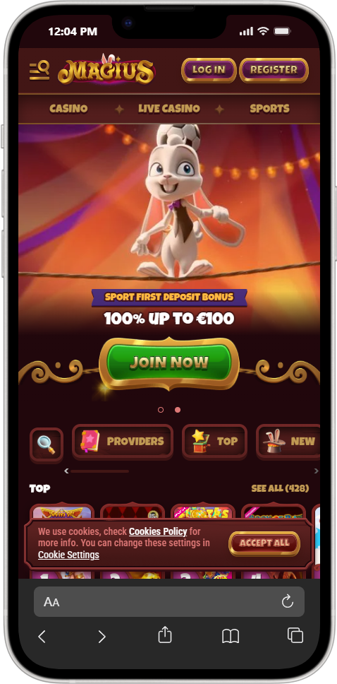 Page d’accueil mobile de Magius Casino avec bannière animée de bienvenue et boutons d’inscription et de connexion rapides.