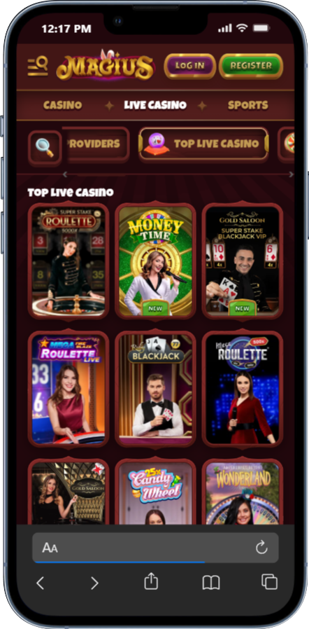 Lobby du casino en direct de Magius Casino sur mobile, avec roulette, blackjack et jeux télévisés en temps réel.