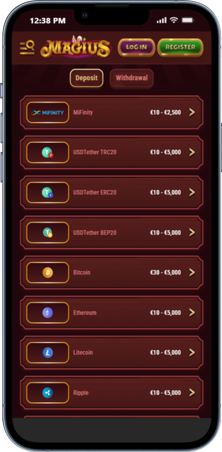 Interface mobile de dépôt de Magius Casino, proposant plusieurs méthodes de paiement sécurisées et rapides.